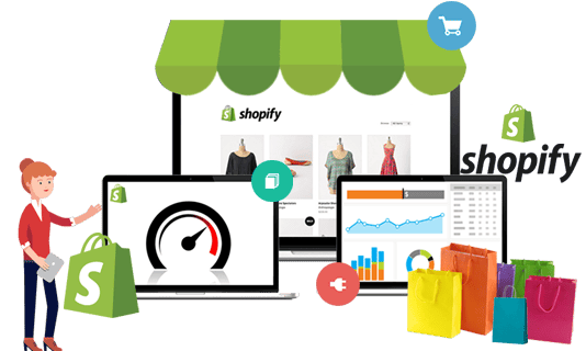 Eshop φτιαγμένο στο shopify και σε 3 οθόνες δείχνει την γρήγορη ταχύτητα φόρτωσης, το ανοδικό κέρδος και μια χαρούμενη κυρία με ψώνια.